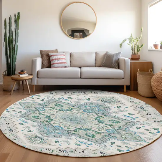 8' Silver Ivory And Green Round Oriental Washable Indoor Outdoor Area Rug Photo 7