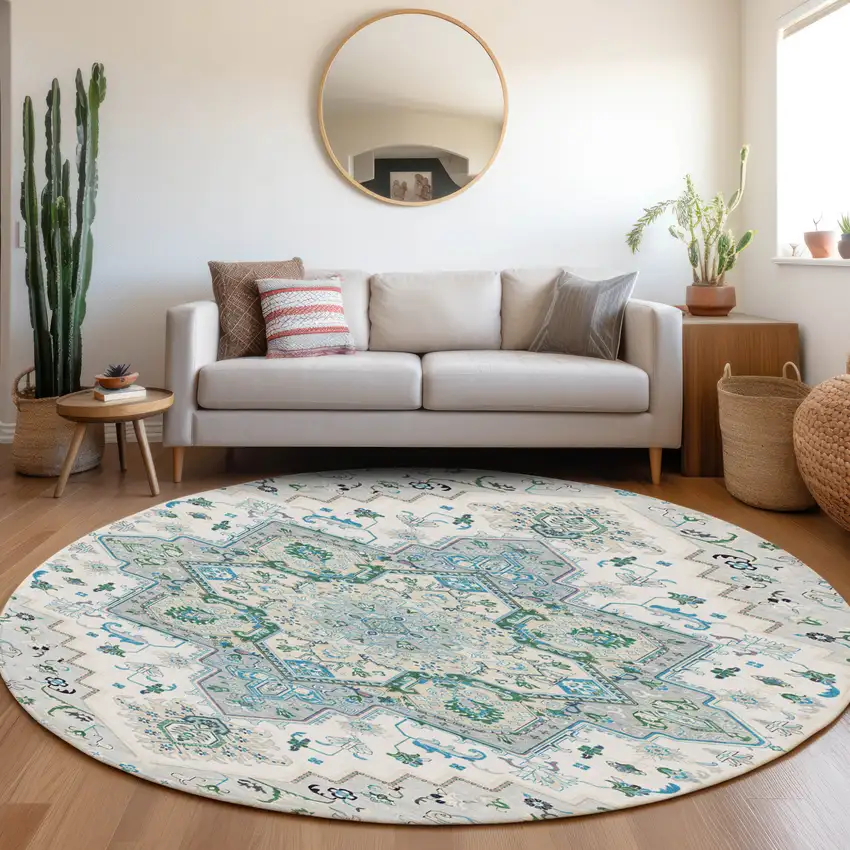 8' Silver Ivory And Green Round Oriental Washable Indoor Outdoor Area Rug Photo 7
