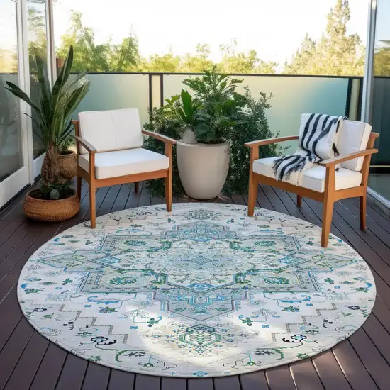 8' Silver Ivory And Green Round Oriental Washable Indoor Outdoor Area Rug Photo 6