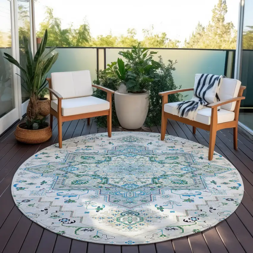 8' Silver Ivory And Green Round Oriental Washable Indoor Outdoor Area Rug Photo 6