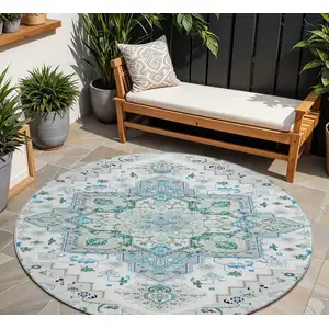Photo of 8' Silver Ivory And Green Round Oriental Washable Indoor Outdoor Area Rug