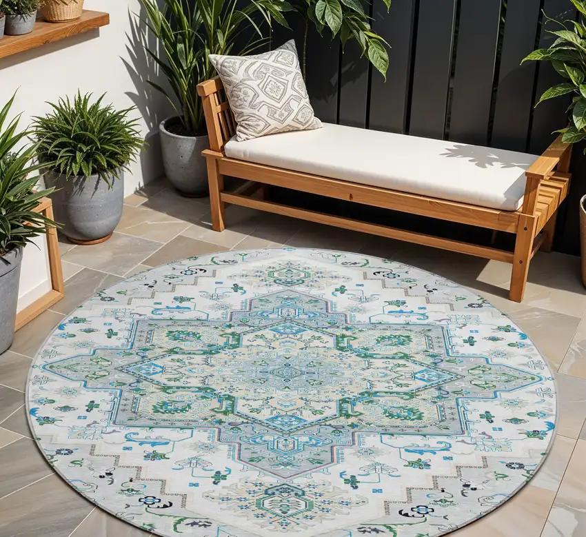 8' Silver Ivory And Green Round Oriental Washable Indoor Outdoor Area Rug Photo 1