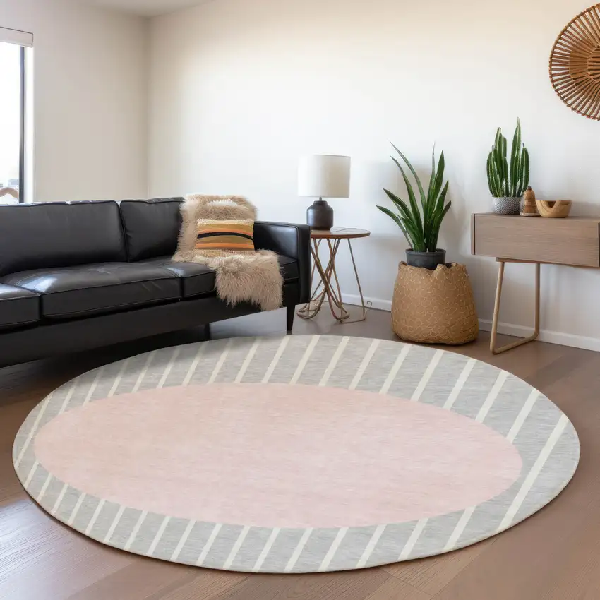 8' Silver Ivory And Pink Striped Washable Round Rug With UV Protection Photo 3