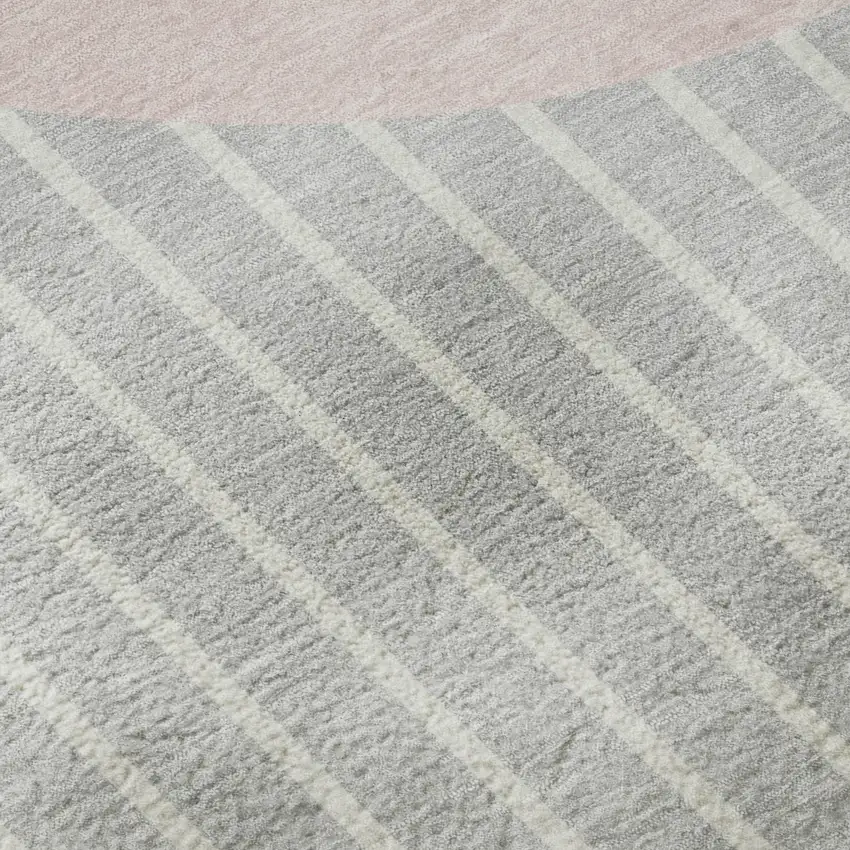 8' Silver Ivory And Pink Striped Washable Round Rug With UV Protection Photo 7