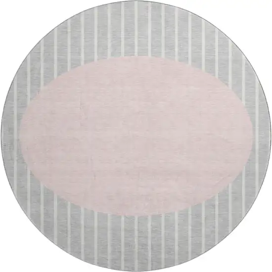 8' Silver Ivory And Pink Striped Washable Round Rug With UV Protection Photo 1