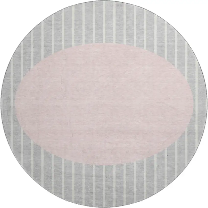 8' Silver Ivory And Pink Striped Washable Round Rug With UV Protection Photo 1