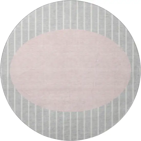 8' Silver Ivory And Pink Striped Washable Round Rug With UV Protection Photo 2