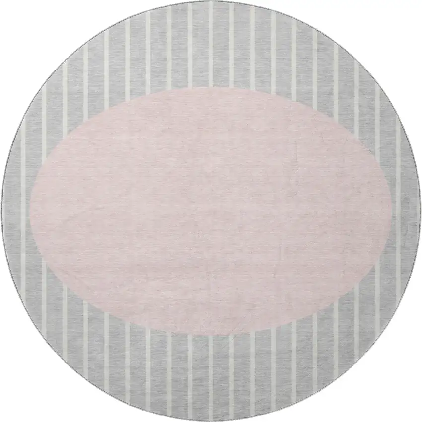 8' Silver Ivory And Pink Striped Washable Round Rug With UV Protection Photo 2