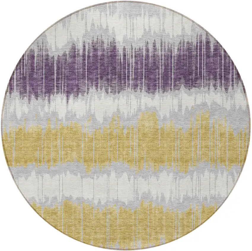 8' Silver Ivory And Purple Round Striped Washable Indoor Outdoor Area Rug Photo 6