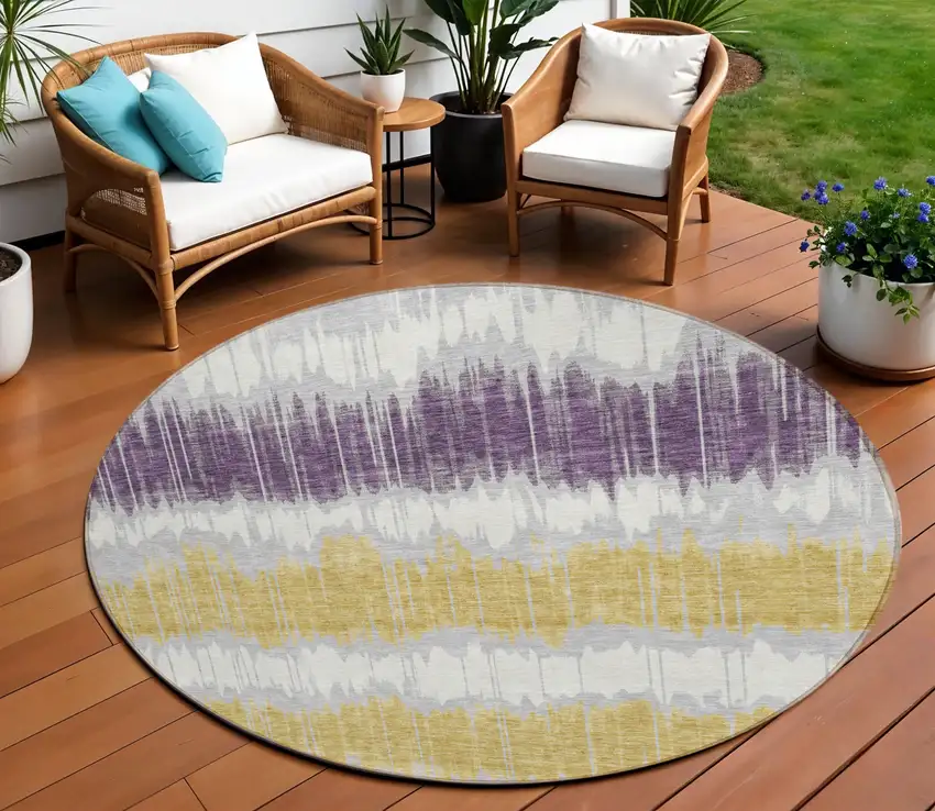 8' Silver Ivory And Purple Round Striped Washable Indoor Outdoor Area Rug Photo 1