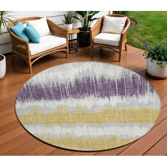 8' Silver Ivory And Purple Round Striped Washable Indoor Outdoor Area Rug Photo 1