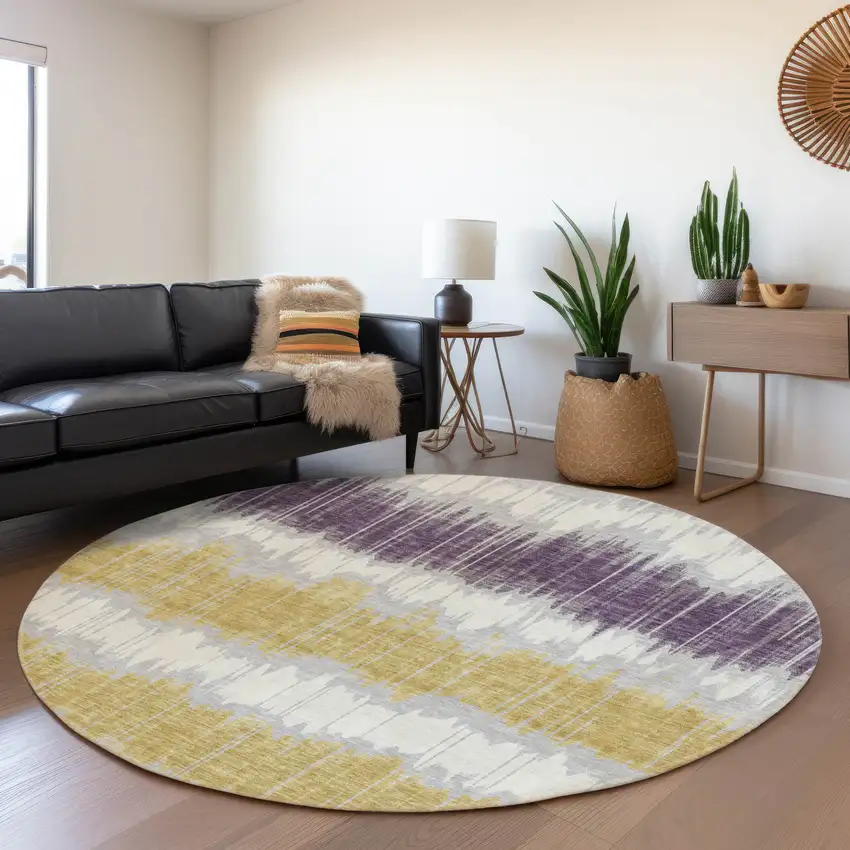 8' Silver Ivory And Purple Round Striped Washable Indoor Outdoor Area Rug Photo 8