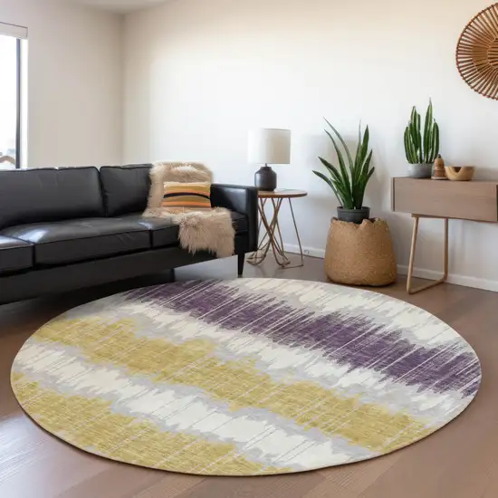 8' Silver Ivory And Purple Round Striped Washable Indoor Outdoor Area Rug Photo 8