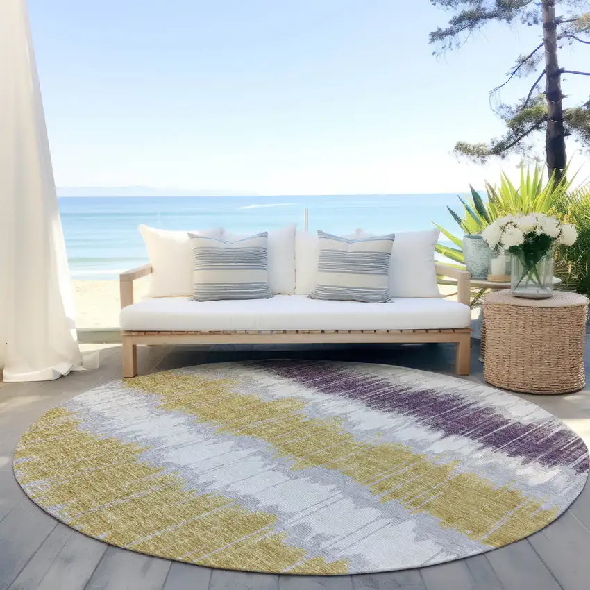 8' Silver Ivory And Purple Round Striped Washable Indoor Outdoor Area Rug Photo 7