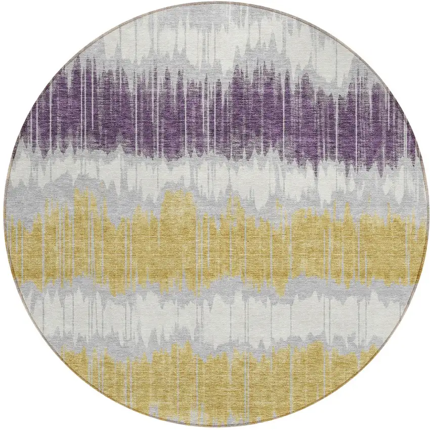 8' Silver Ivory And Purple Round Striped Washable Indoor Outdoor Area Rug Photo 5