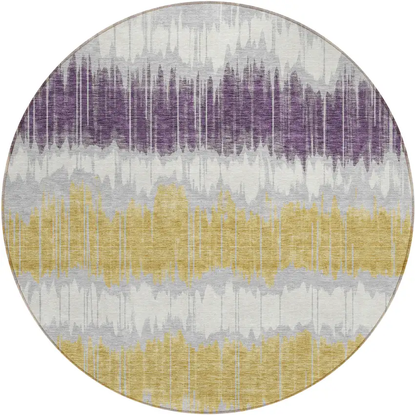 8' Silver Ivory And Purple Round Striped Washable Indoor Outdoor Area Rug Photo 1