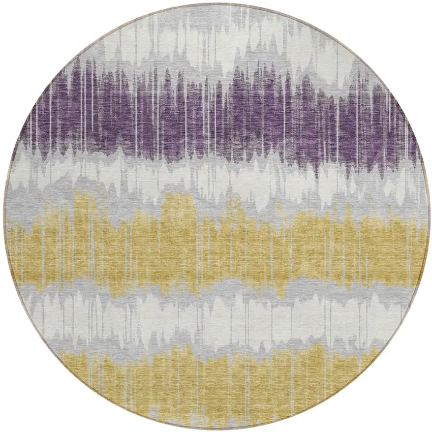 8' Silver Ivory And Purple Round Striped Washable Indoor Outdoor Area Rug Photo 1