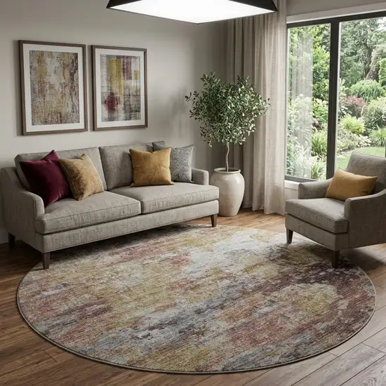 8' Silver Mauve And Gold Abstract Washable Round Rug With UV Protection Photo 1