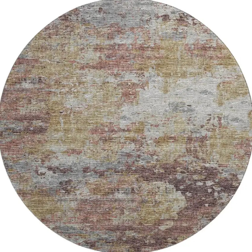 8' Silver Mauve And Gold Abstract Washable Round Rug With UV Protection Photo 5