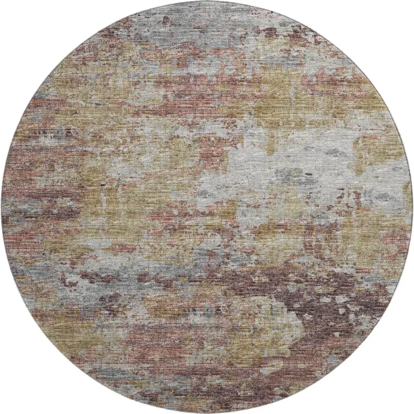 8' Silver Mauve And Gold Abstract Washable Round Rug With UV Protection Photo 2