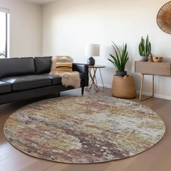 8' Silver Mauve And Gold Abstract Washable Round Rug With UV Protection Photo 6