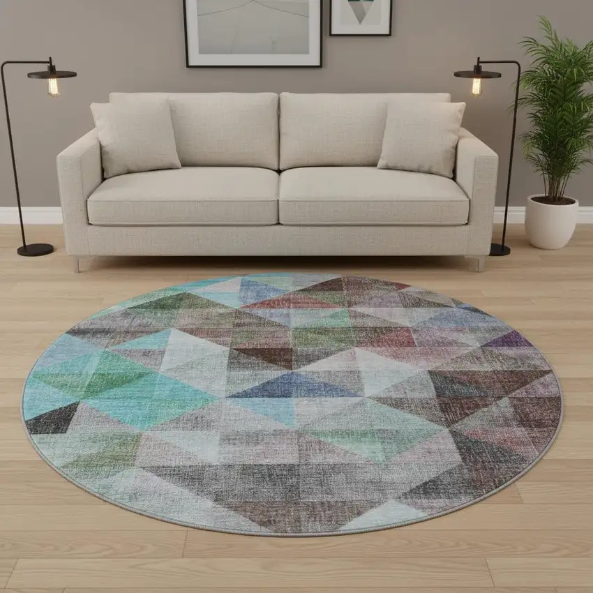8' Silver Purple And Blue Geometric Washable Round Rug With UV Protection Photo 2