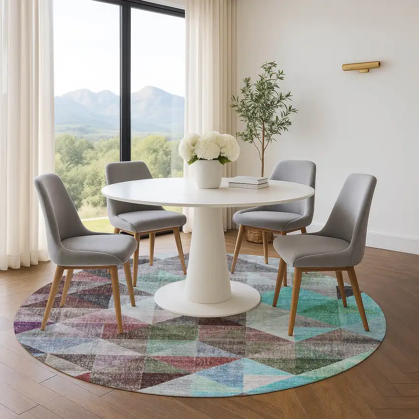 8' Silver Purple And Blue Geometric Washable Round Rug With UV Protection Photo 5