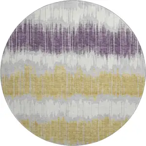 Photo of 8' Silver Purple And Gold Striped Washable Round Rug With UV Protection