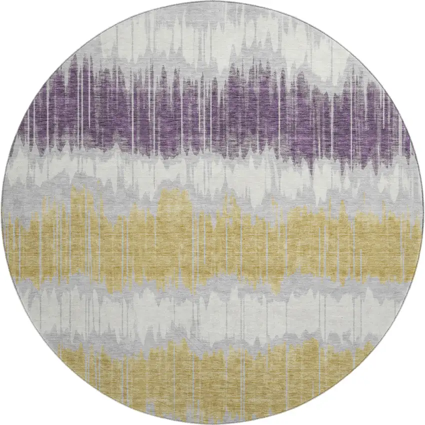 8' Silver Purple And Gold Striped Washable Round Rug With UV Protection Photo 1