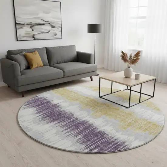 8' Silver Purple And Gold Striped Washable Round Rug With UV Protection Photo 2