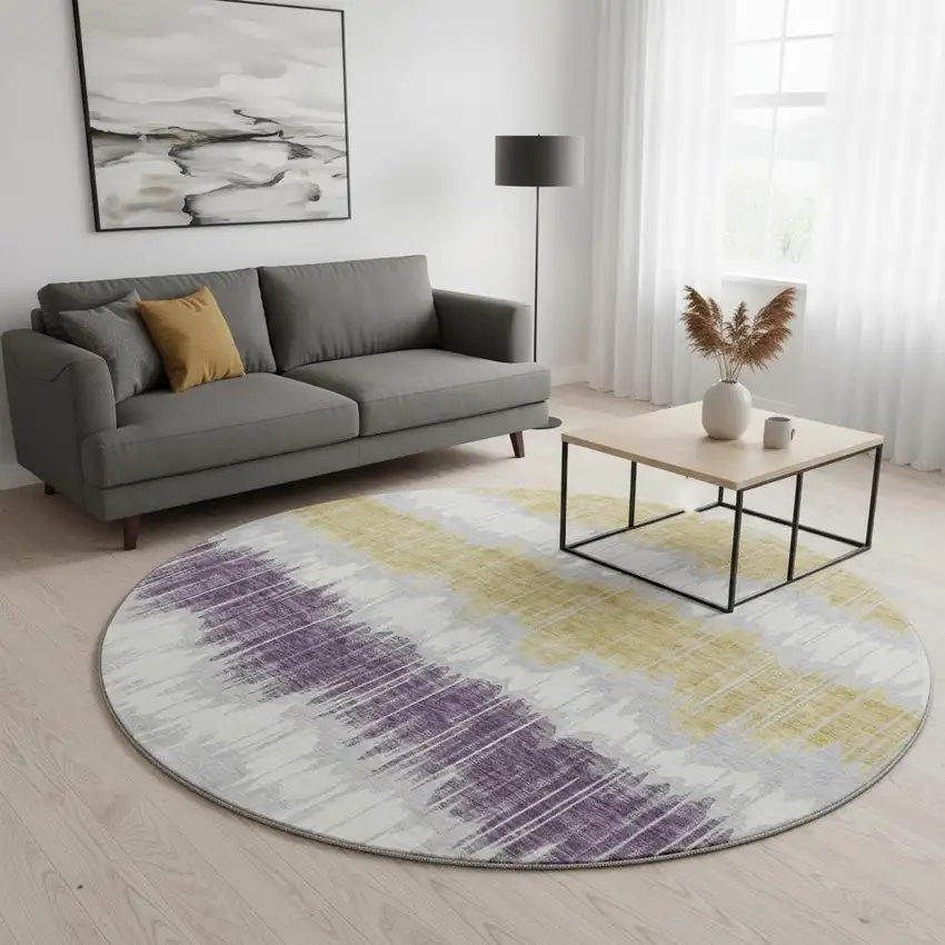 8' Silver Purple And Gold Striped Washable Round Rug With UV Protection Photo 2