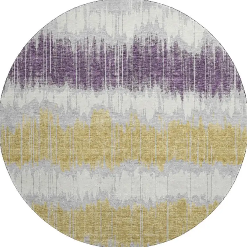 8' Silver Purple And Gold Striped Washable Round Rug With UV Protection Photo 3
