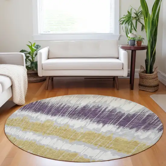 8' Silver Purple And Gold Striped Washable Round Rug With UV Protection Photo 5