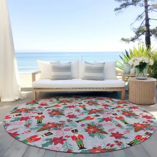 8' Silver Red Black Pink And Brown Round Floral Washable Indoor Outdoor Area Rug Photo 5