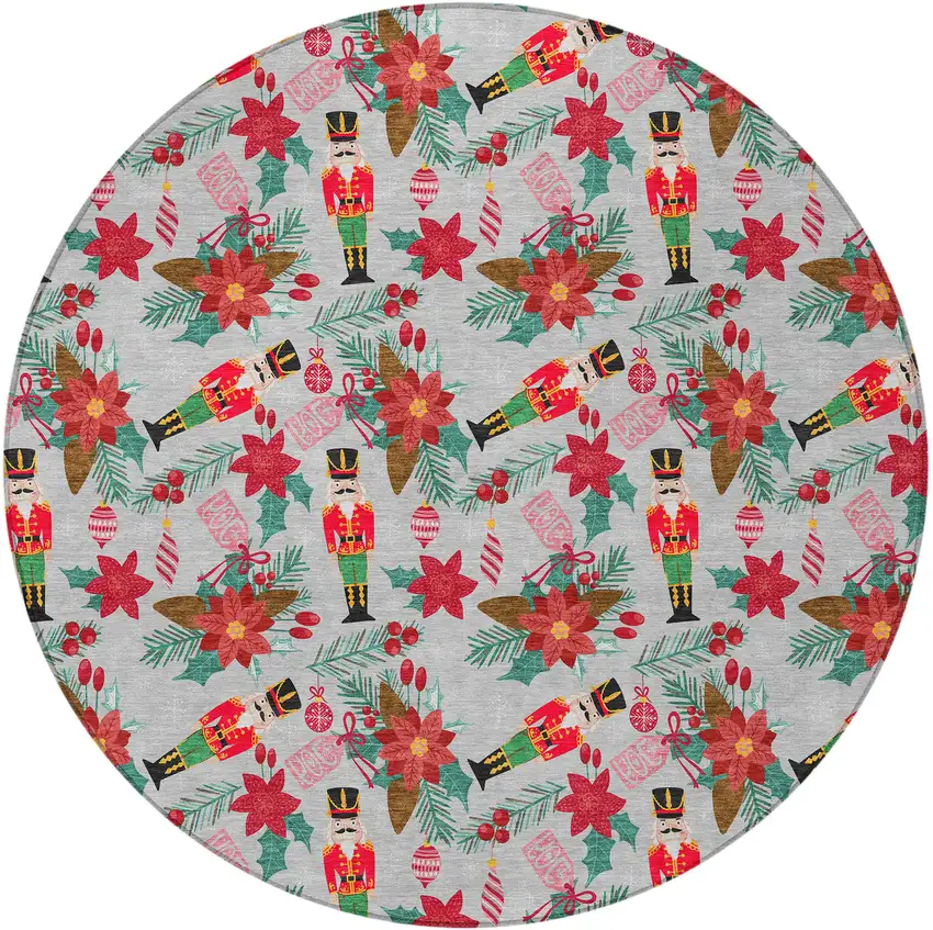 8' Silver Red Black Pink And Brown Round Floral Washable Indoor Outdoor Area Rug Photo 4