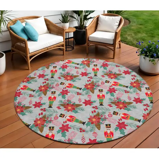 8' Silver Red Black Pink And Brown Round Floral Washable Indoor Outdoor Area Rug Photo 1