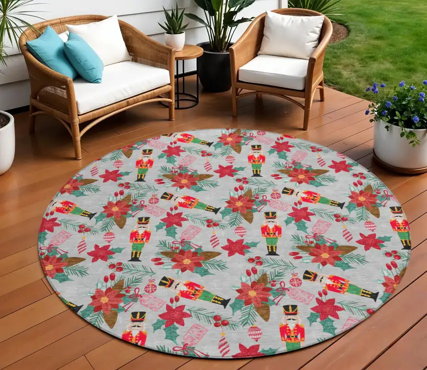 8' Silver Red Black Pink And Brown Round Floral Washable Indoor Outdoor Area Rug Photo 1