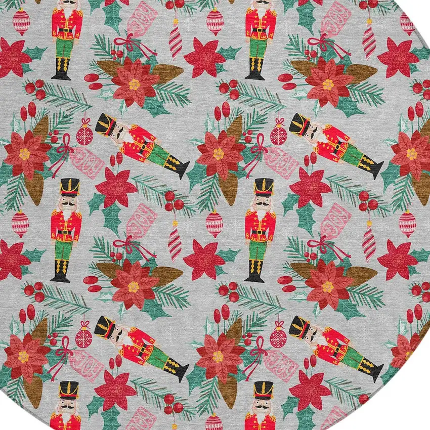 8' Silver Red Black Pink And Brown Round Floral Washable Indoor Outdoor Area Rug Photo 9