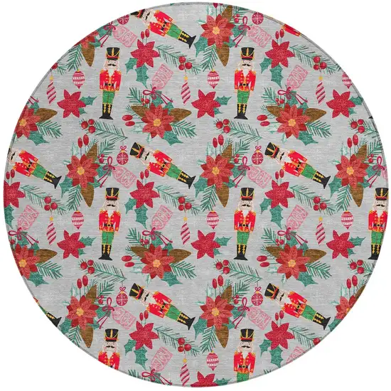 8' Silver Red Black Pink And Brown Round Floral Washable Indoor Outdoor Area Rug Photo 3