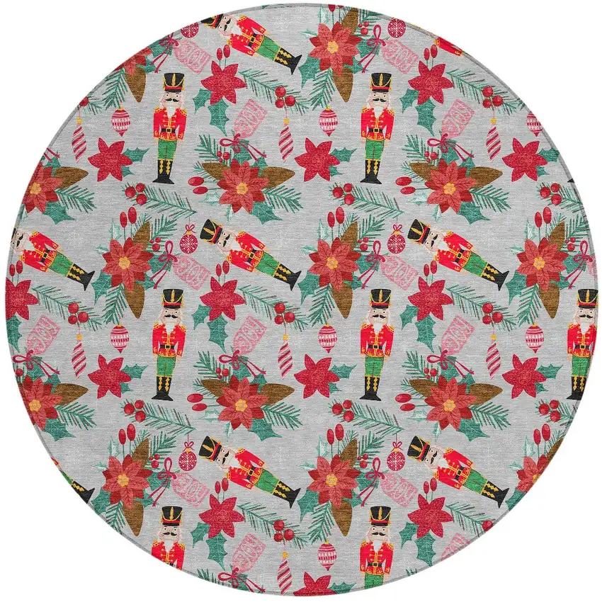 8' Silver Red Black Pink And Brown Round Floral Washable Indoor Outdoor Area Rug Photo 3