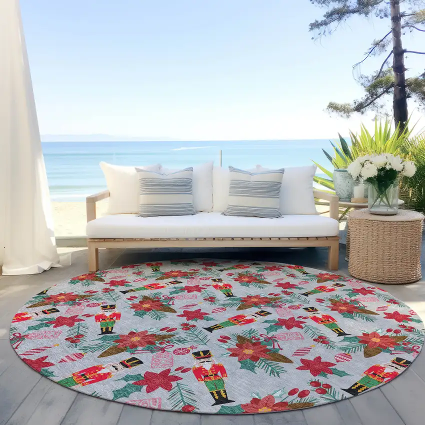 8' Silver Red Black Pink And Brown Round Floral Washable Indoor Outdoor Area Rug Photo 5
