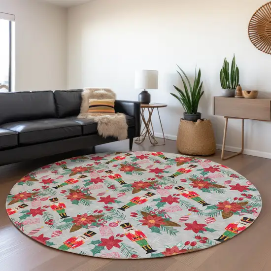 8' Silver Red Black Pink And Brown Round Floral Washable Indoor Outdoor Area Rug Photo 6