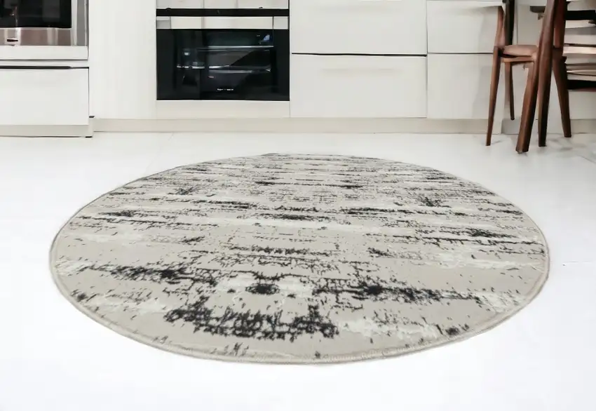 7' Silver Round Abstract Washable Non Skid Area Rug With Fringe Photo 1