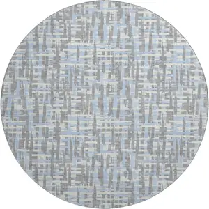 Photo of 8' Silver Sky Blue And Ivory Abstract Geometric Washable Round Rug With UV Protection