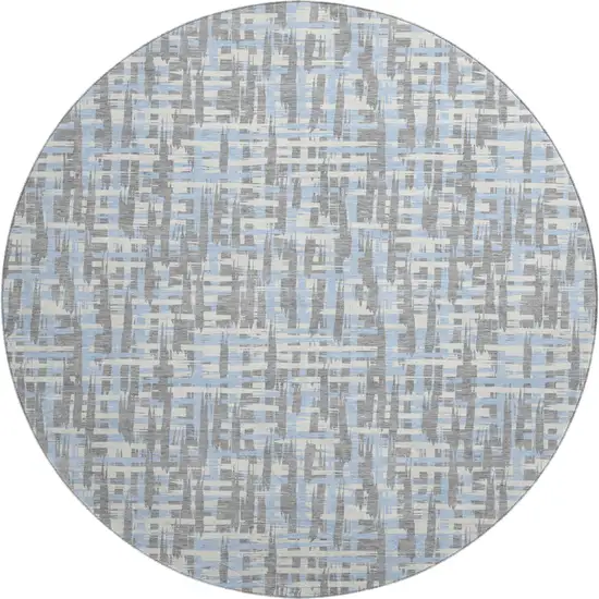 8' Silver Sky Blue And Ivory Abstract Geometric Washable Round Rug With UV Protection Photo 1