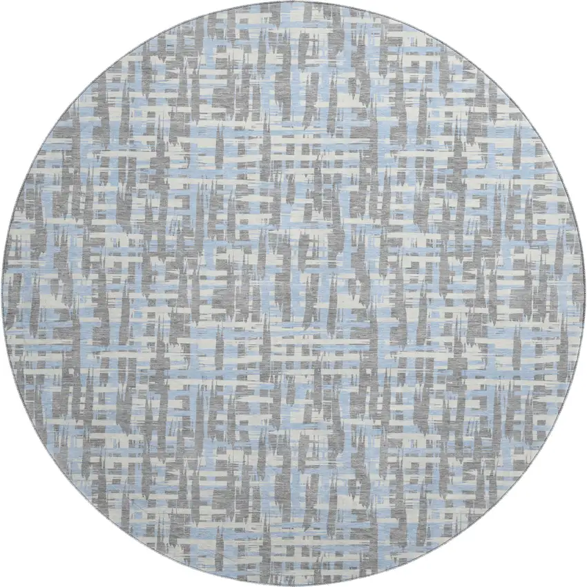 8' Silver Sky Blue And Ivory Abstract Geometric Washable Round Rug With UV Protection Photo 1