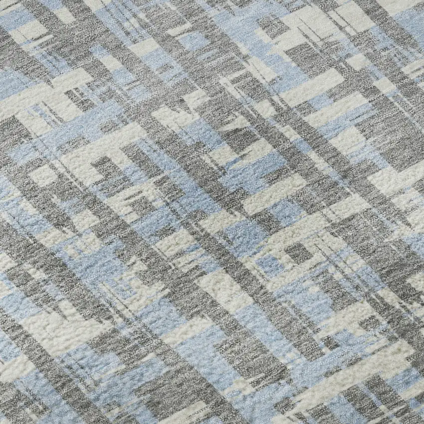 8' Silver Sky Blue And Ivory Abstract Geometric Washable Round Rug With UV Protection Photo 8