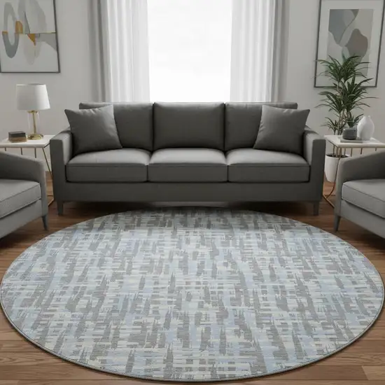 8' Silver Sky Blue And Ivory Abstract Geometric Washable Round Rug With UV Protection Photo 2