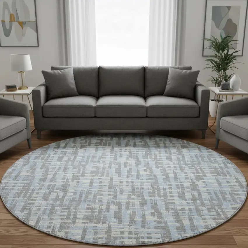 8' Silver Sky Blue And Ivory Abstract Geometric Washable Round Rug With UV Protection Photo 2