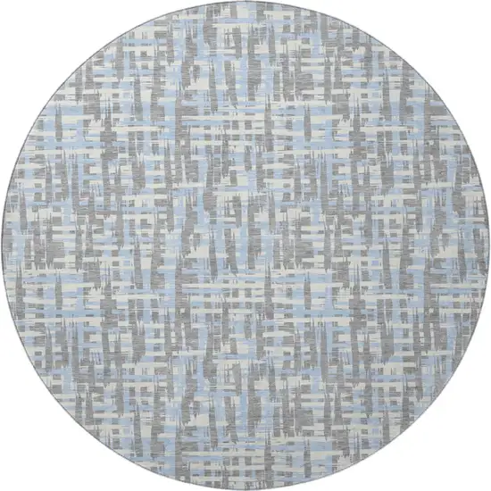 8' Silver Sky Blue And Ivory Abstract Geometric Washable Round Rug With UV Protection Photo 3